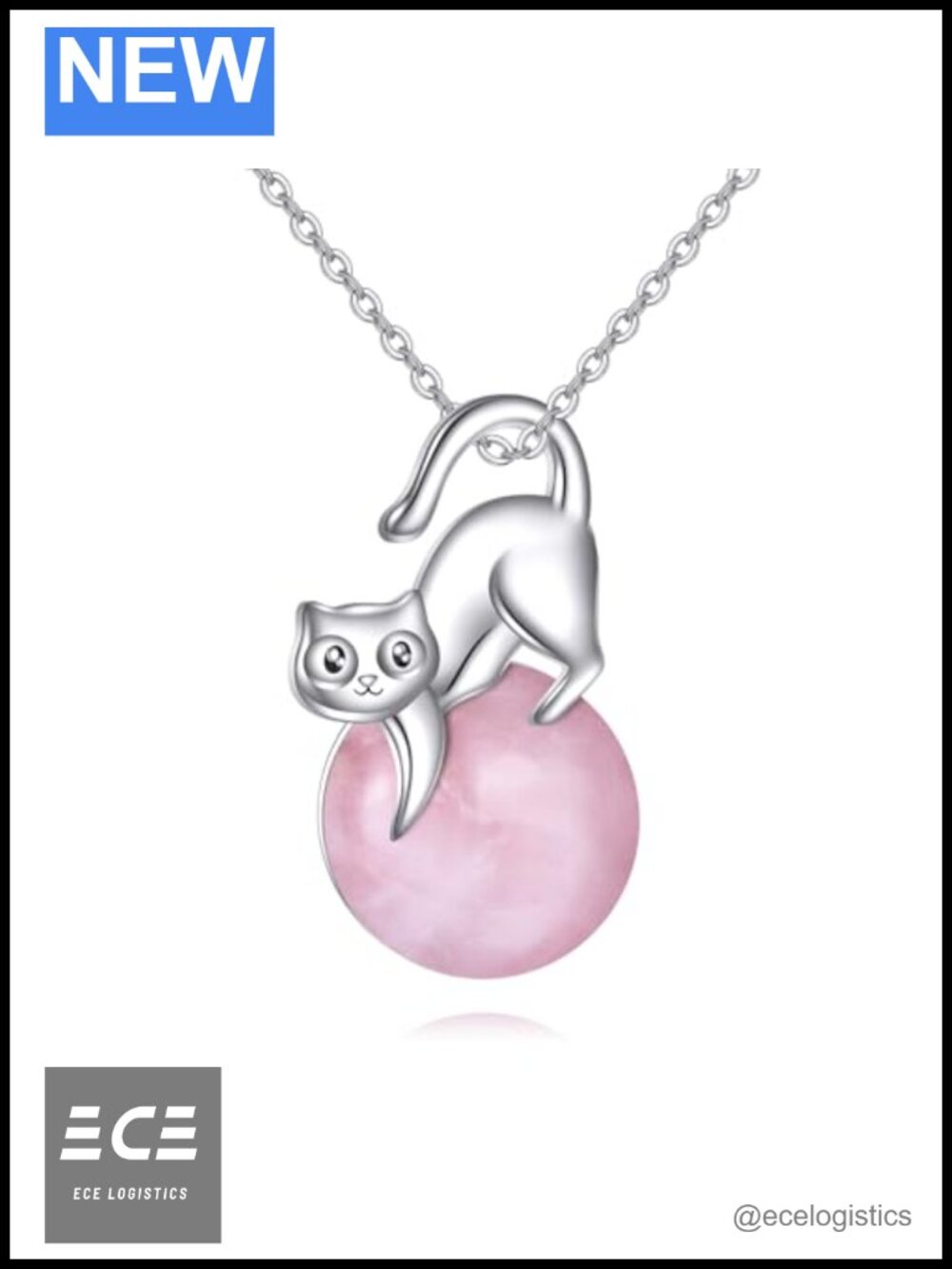 Sterling Silver Cat Necklace Rose Quartz Pendant 18+2 in Box Chain